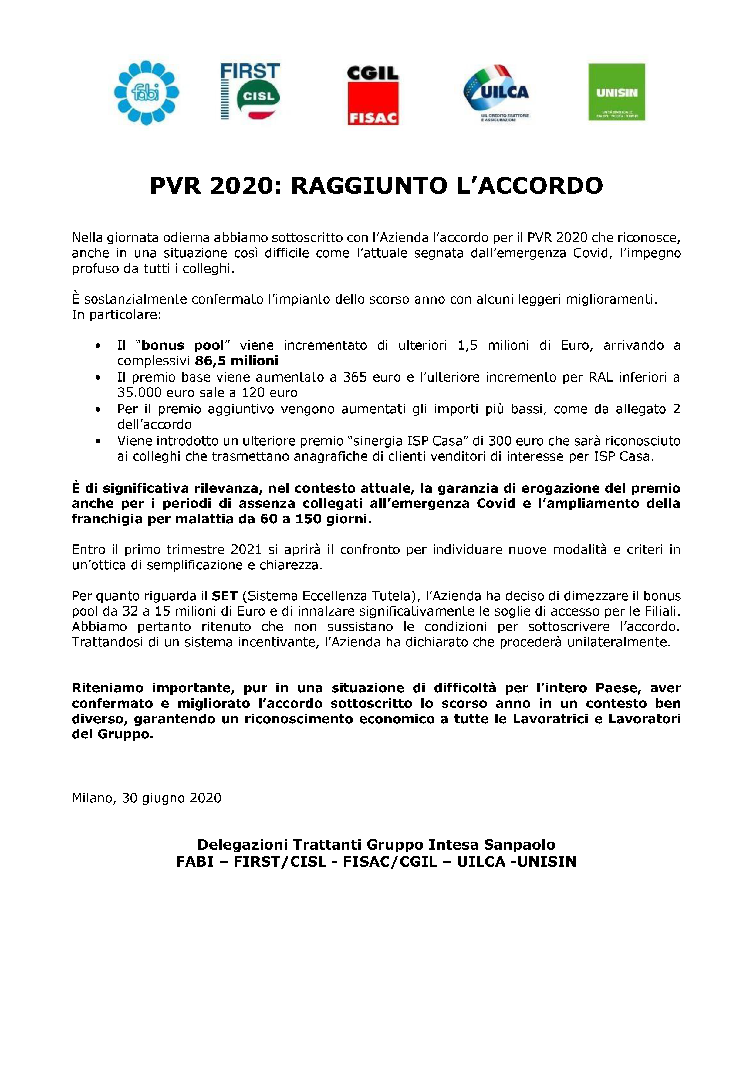 FABI Gruppo Intesa Sanpaolo - PVR 2020 - ACCORDO RAGGIUNTO